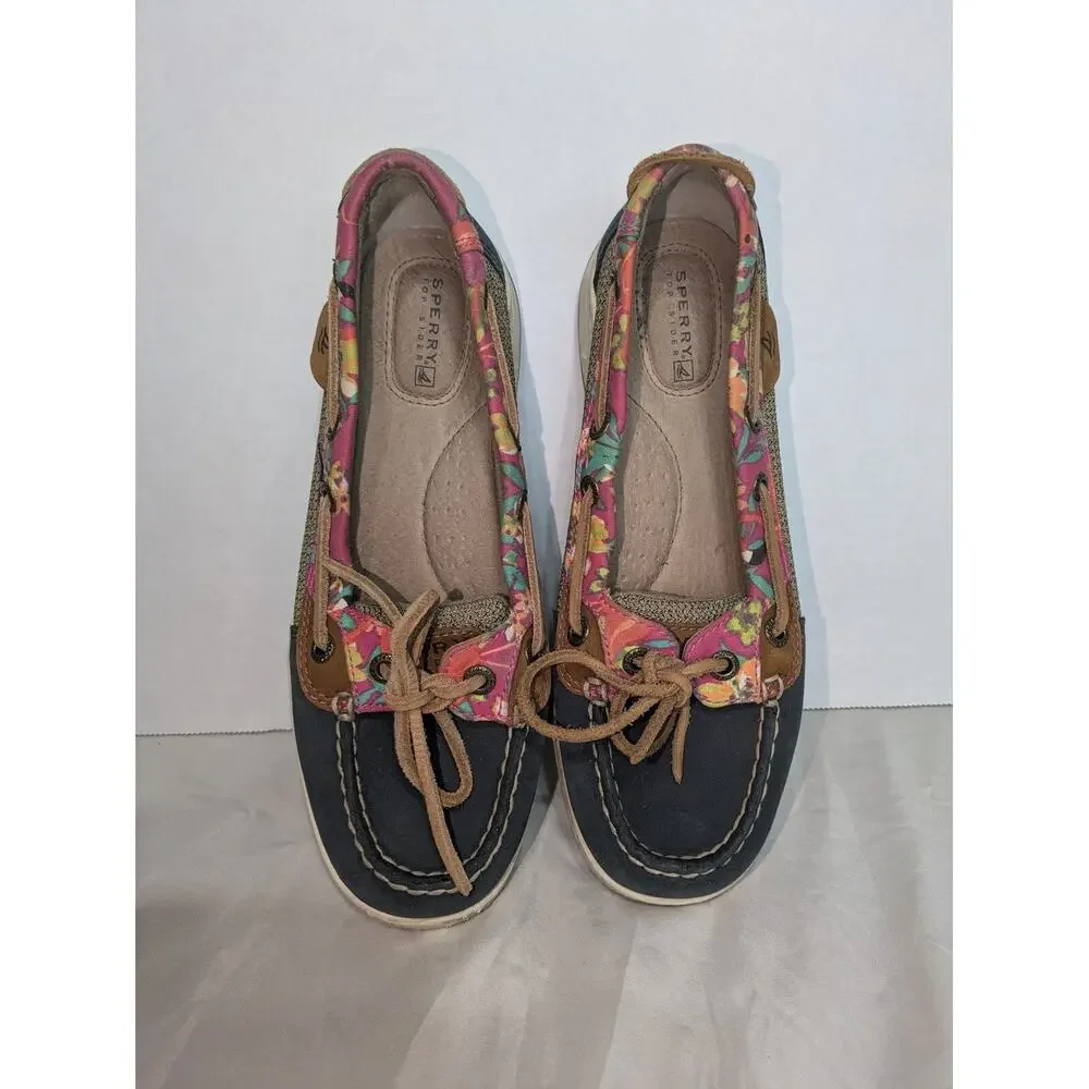 Sperry Womens 6M Top-Sider Boat Shoes Floral Accent Navy Blue Deck Shoes Loafers